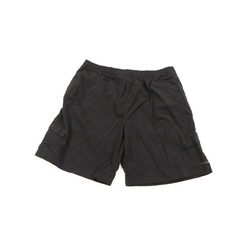 Vintage Reebok Mens XL Above Knee Spell Out Nylon Cargo Shorts Baggies Black